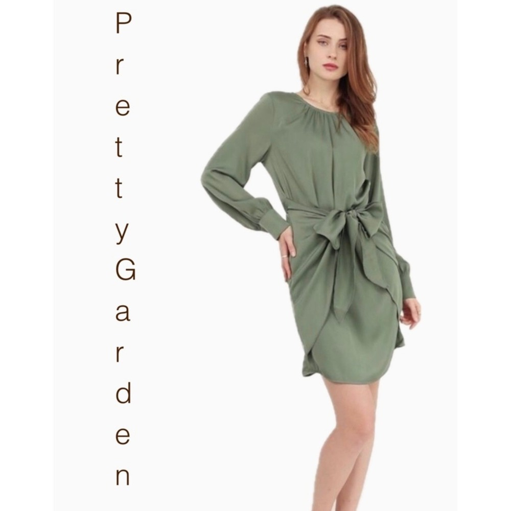 PrettyGarden Sage Green Satin Tie Waist Long Sleeve Mini Dress Small